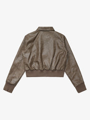 Metal Button Cropped Leather Bomber Jacket