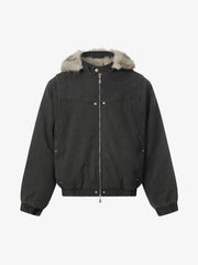 Street Outdoor Detachable Fur Collar Fleece Hooded Padded Jacket 