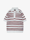 Knitted Cotton Blend Striped Polo Shirt with Openwork Pattern 