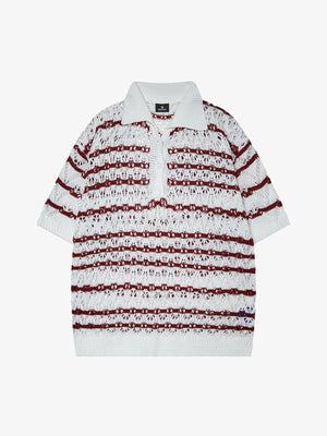 Knitted Cotton Blend Striped Polo Shirt with Openwork Pattern 