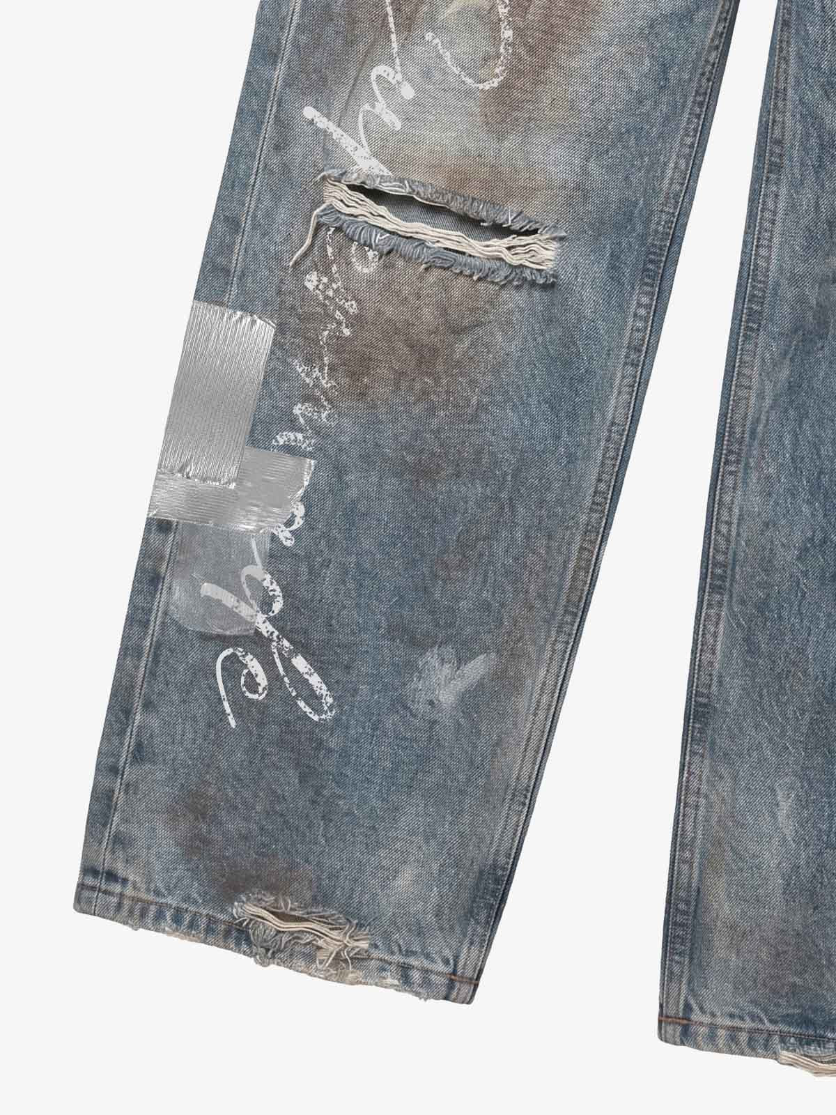 Foil-Tape Distressed Ripped Heavyweight Jeans