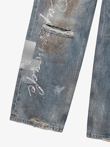 Foil-Tape Distressed Ripped Heavyweight Jeans