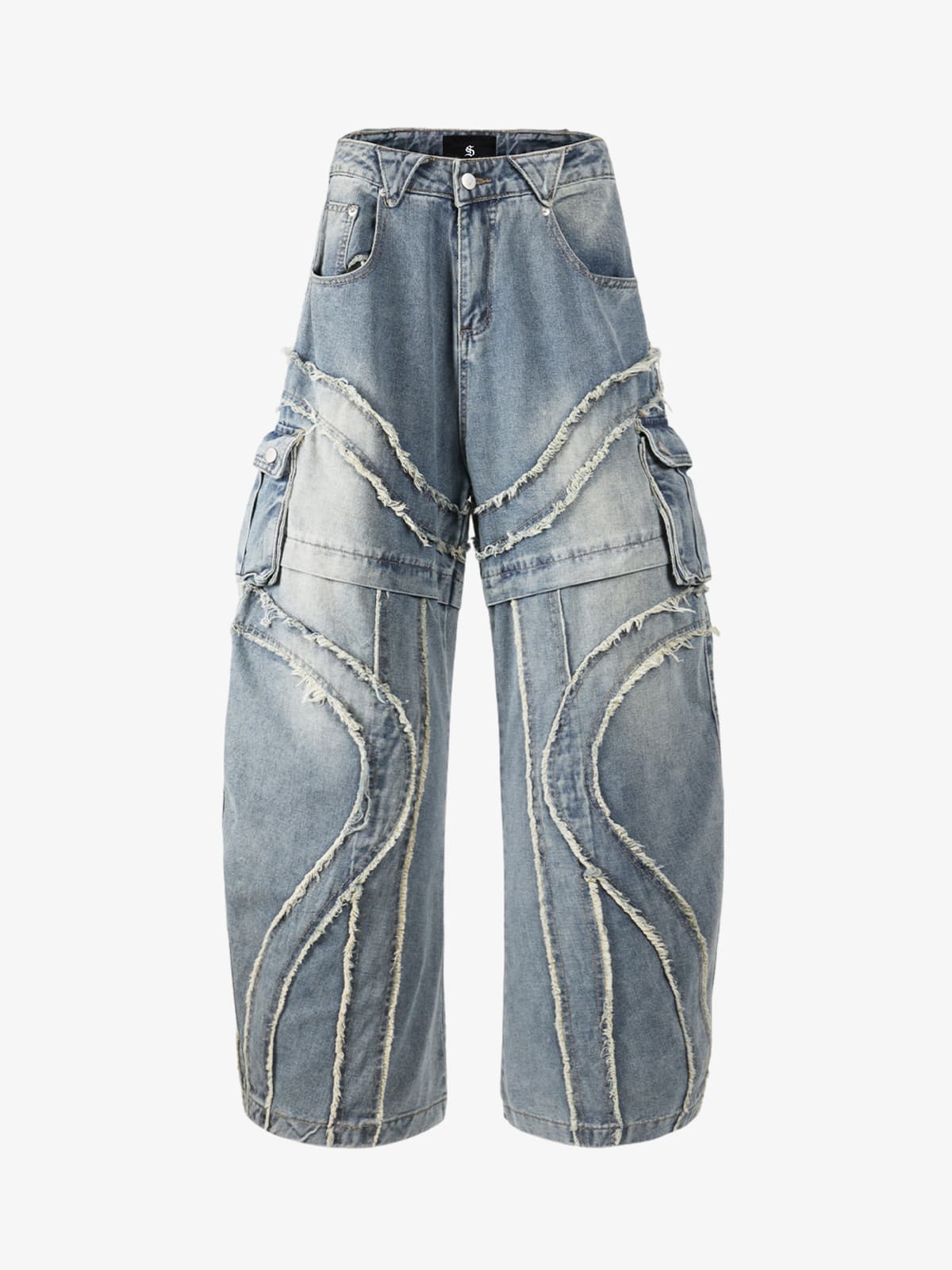 Retro Patchwork Frayed-Edge Heavy-Duty Jeans 
