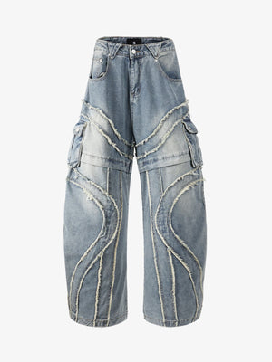 Retro Patchwork Frayed-Edge Heavy-Duty Jeans 