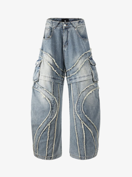 Retro Patchwork Frayed-Edge Heavy-Duty Jeans 