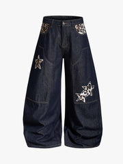 Thesupermade Raw Denim Star Leopard Patch Embroidery Baggy Jeans