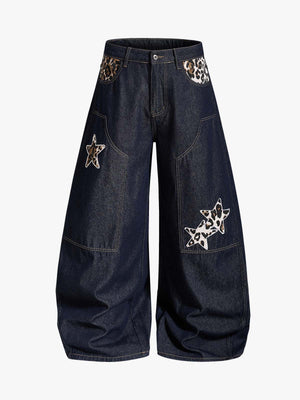 Thesupermade Raw Denim Star Leopard Patch Embroidery Baggy Jeans