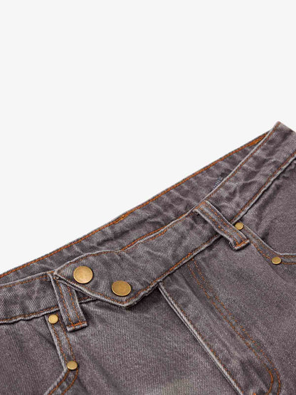 Retro Faded Multi-Pocket Flared Cargo Jeans 