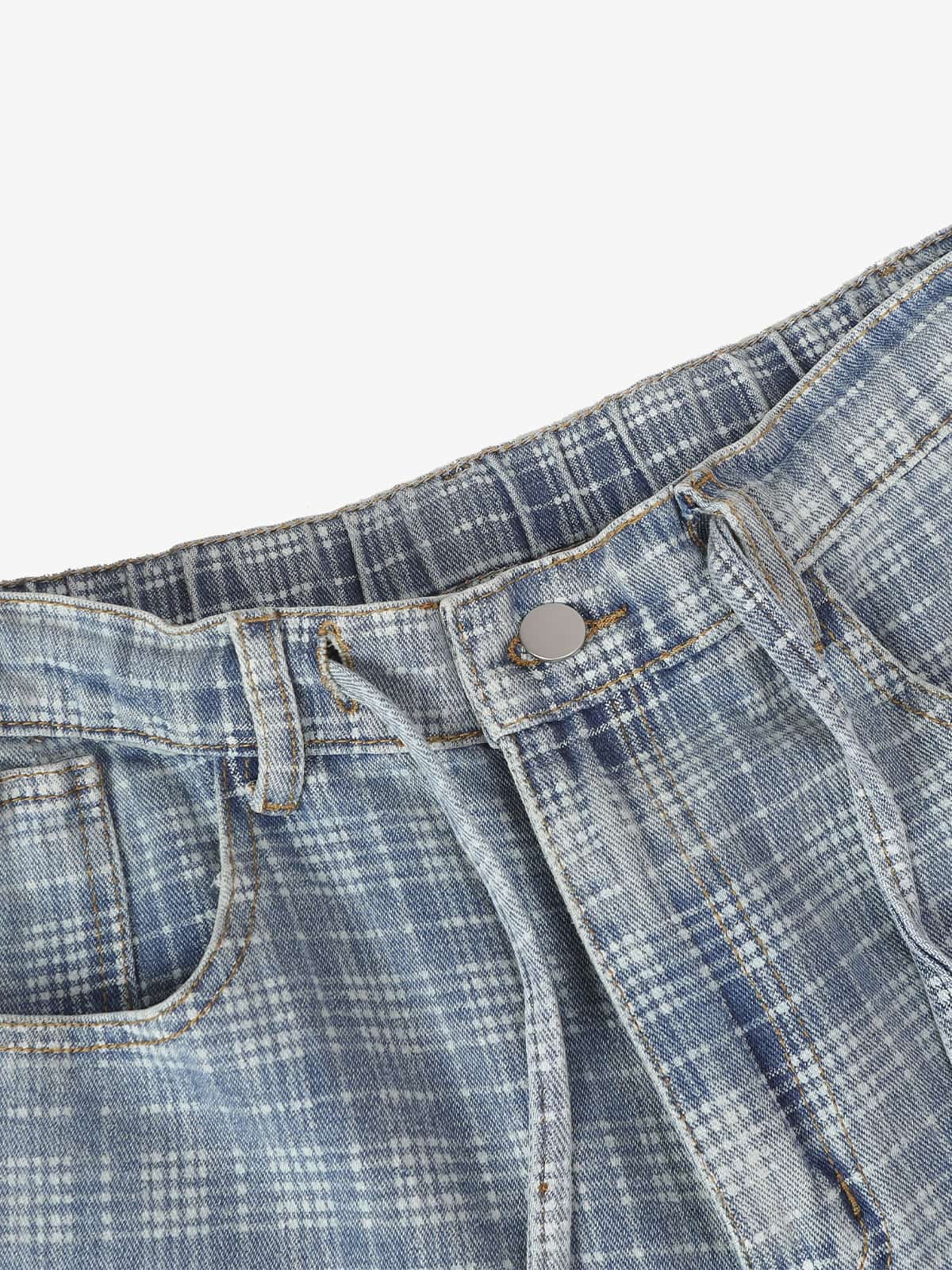 Vintage Washed Distressed Plaid Straight Jeans 