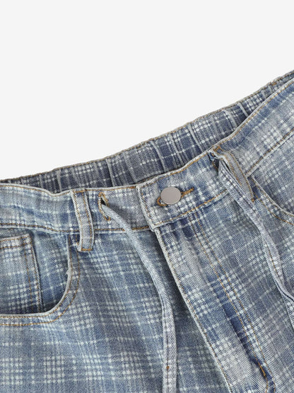 Vintage Washed Distressed Plaid Straight Jeans 
