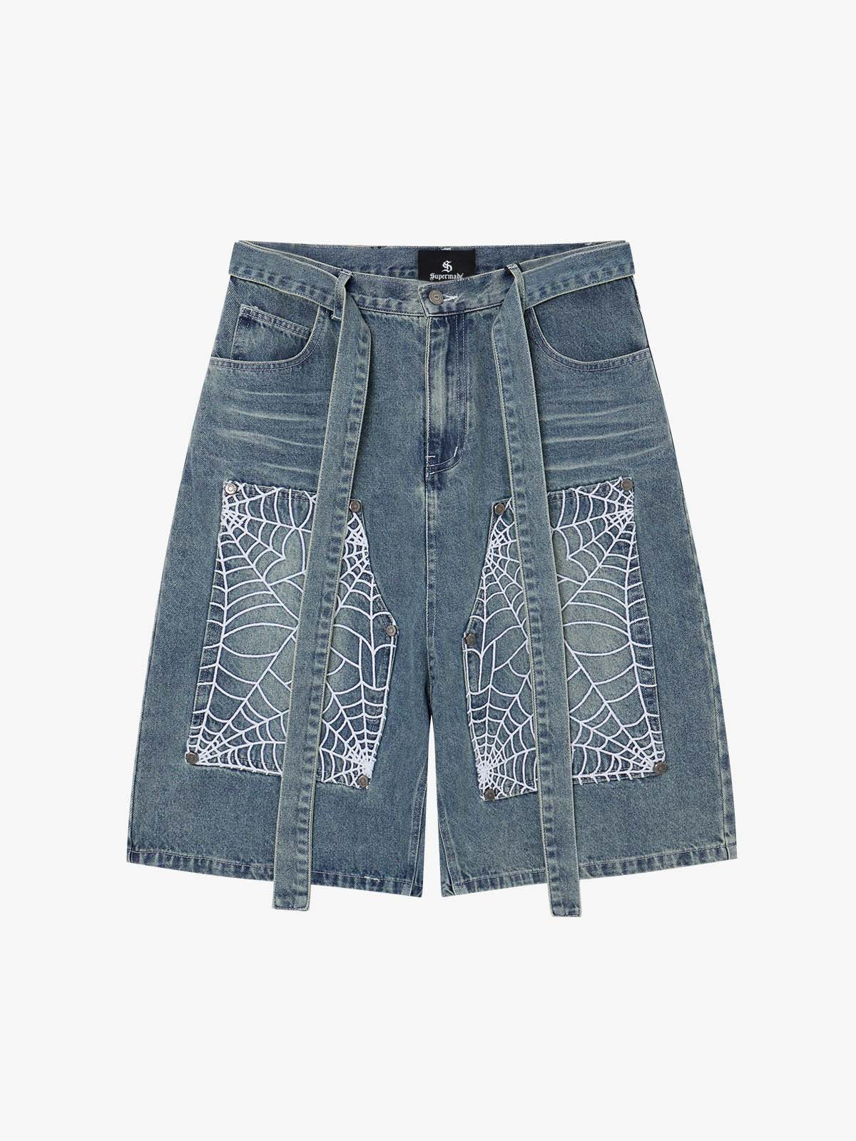 Embroidered Spiderweb Denim Shorts 