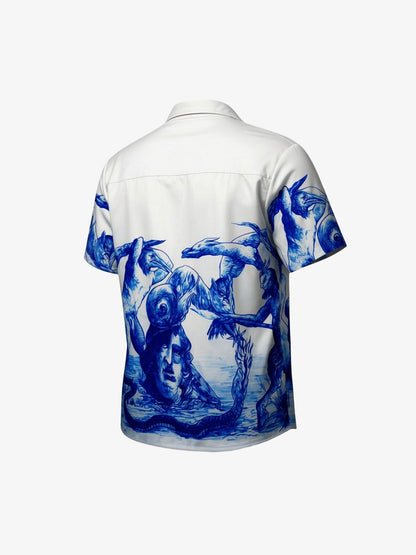 Blue Sketch Mythological Camp Collar Boxy Shirt 
