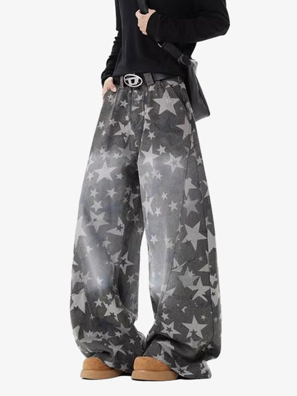 Denim Star Print Wide Leg Pants with Elastic Cuff for Casual Streetwear 