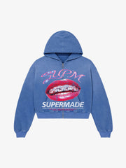 Cracked-Lip Graphic Distressed Zip Hoodie