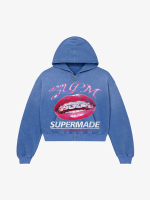 Cracked-Lip Graphic Distressed Zip Hoodie