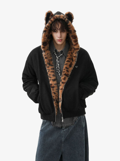 Leopard Print Hooded Jacket with Faux Fur Trim for Men - Trendy Winter Fashion 
