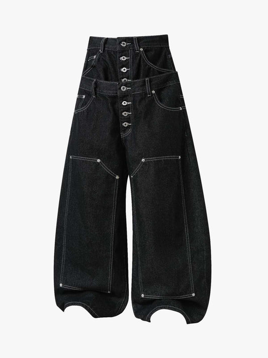 Double Waistband Curved Barrel Jeans