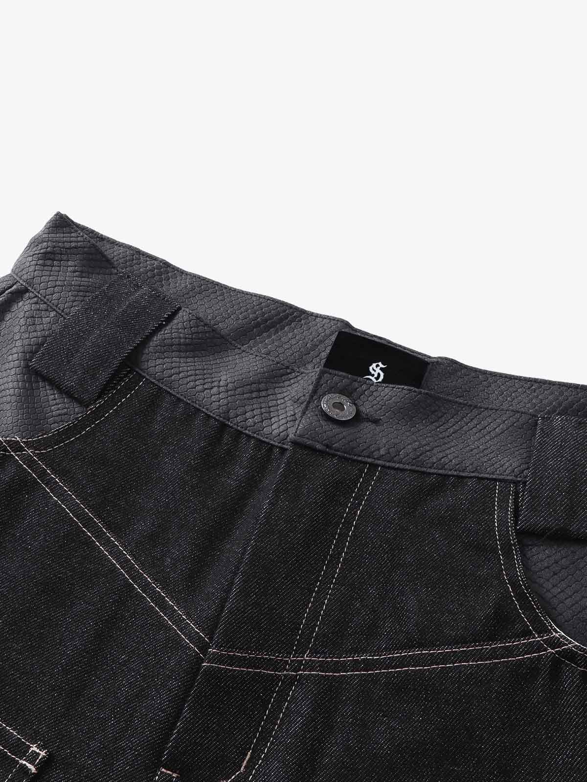 Denim Wide-Leg Pants with Flame Stitch Design High-Waisted Relaxed Fit 