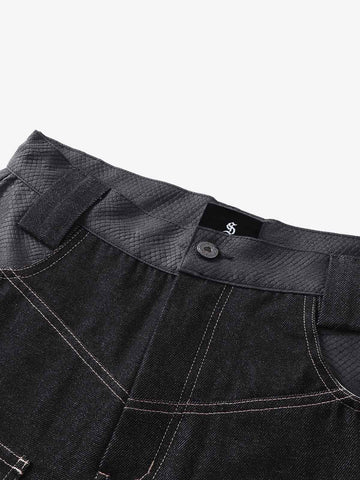 Flame Embroidered Wide Leg Washed Denim Jeans 