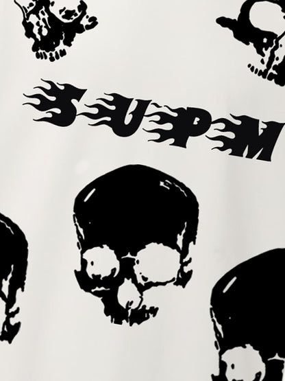 Oversized Flame Logo Skull Print T-Shirt with Distressed Hem 