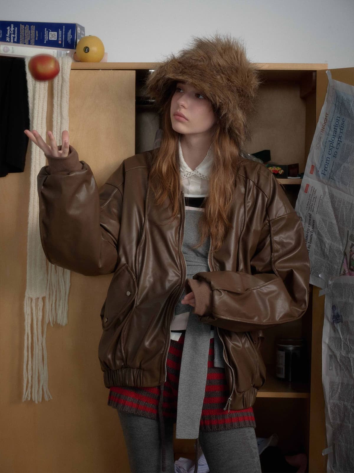 Retro Brown Faux Leather Zip-Up Bomber Jacket 