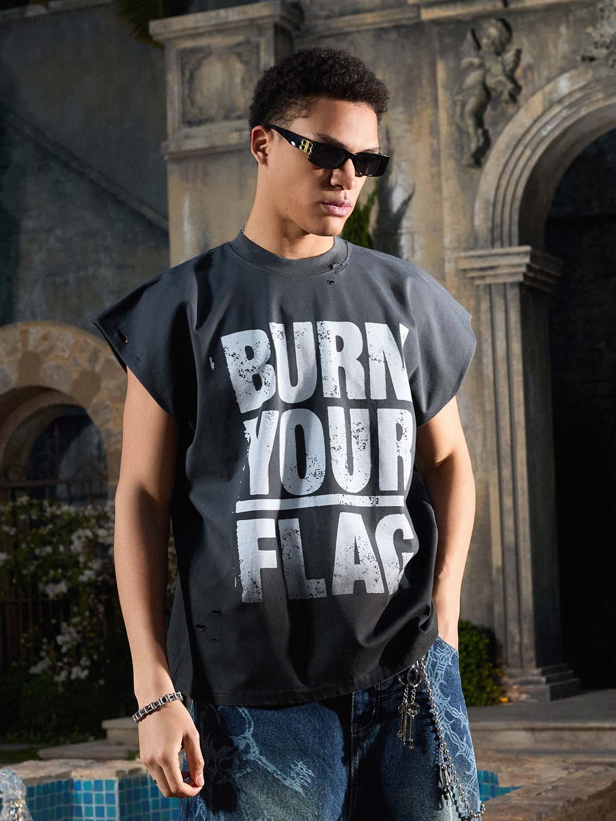 Supermade Distressed Ripped "Burn Your Flag" Sleeveless T-Shirt 