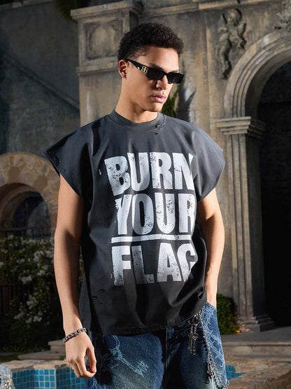 Supermade Distressed Ripped "Burn Your Flag" Sleeveless T-Shirt 