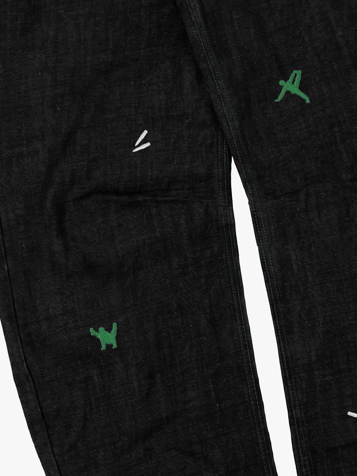 Green Soldier Embroidered Raw-Denim Banana Jeans