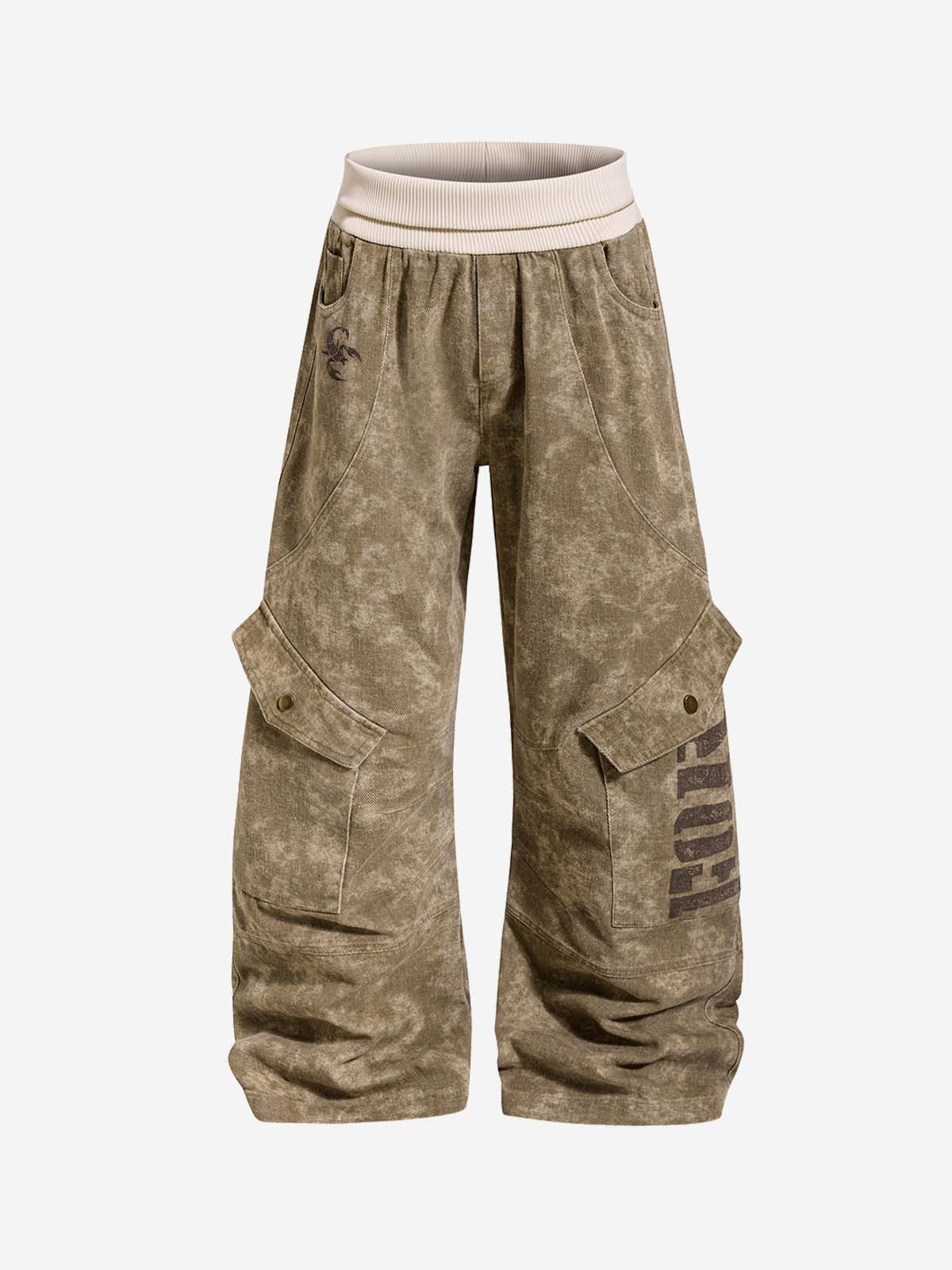 Washed Embroidered Multi-Pocket Baggy Cargo Pants