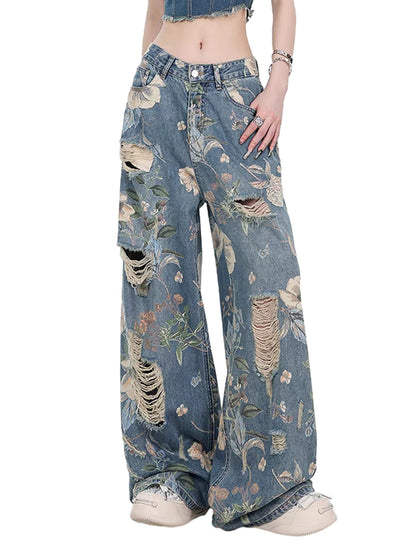 Vintage Washed Distressed Floral Ripped Baggy Jeans 