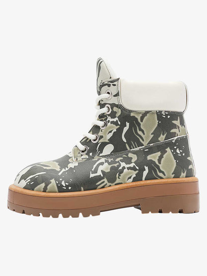 Camo Print Lace Up Chunky Ankle Boots