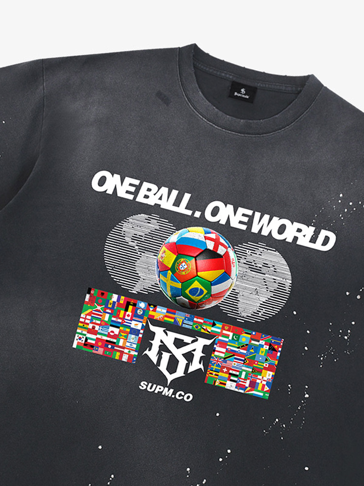 Unisex distressed loose-fitting cotton short-sleeved T-shirts featuring a "One ball, one world" slogan print and an ink-splatter wash finish. 