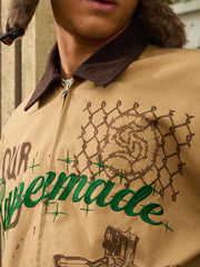 Supermade “Your God Is Not Here” Slogan Print Color-Blocked Embroidered Retro Canvas Jacket 