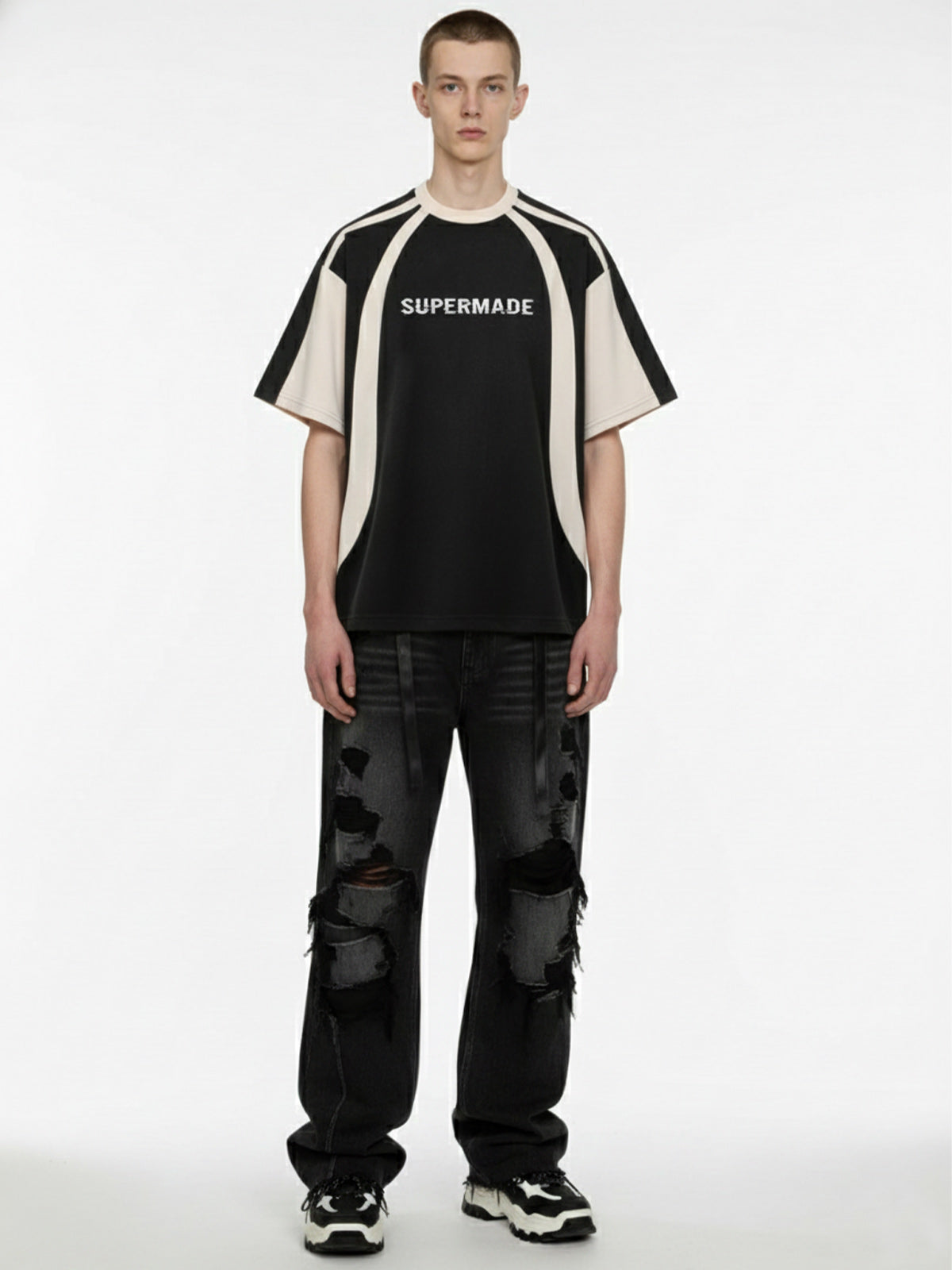 Thesupermade Horizontal Glitch Art Deconstruction Contrast Color Stitching Print T-shirt 