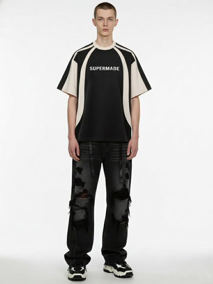 Thesupermade Horizontal Glitch Art Deconstruction Contrast Color Stitching Print T-shirt 