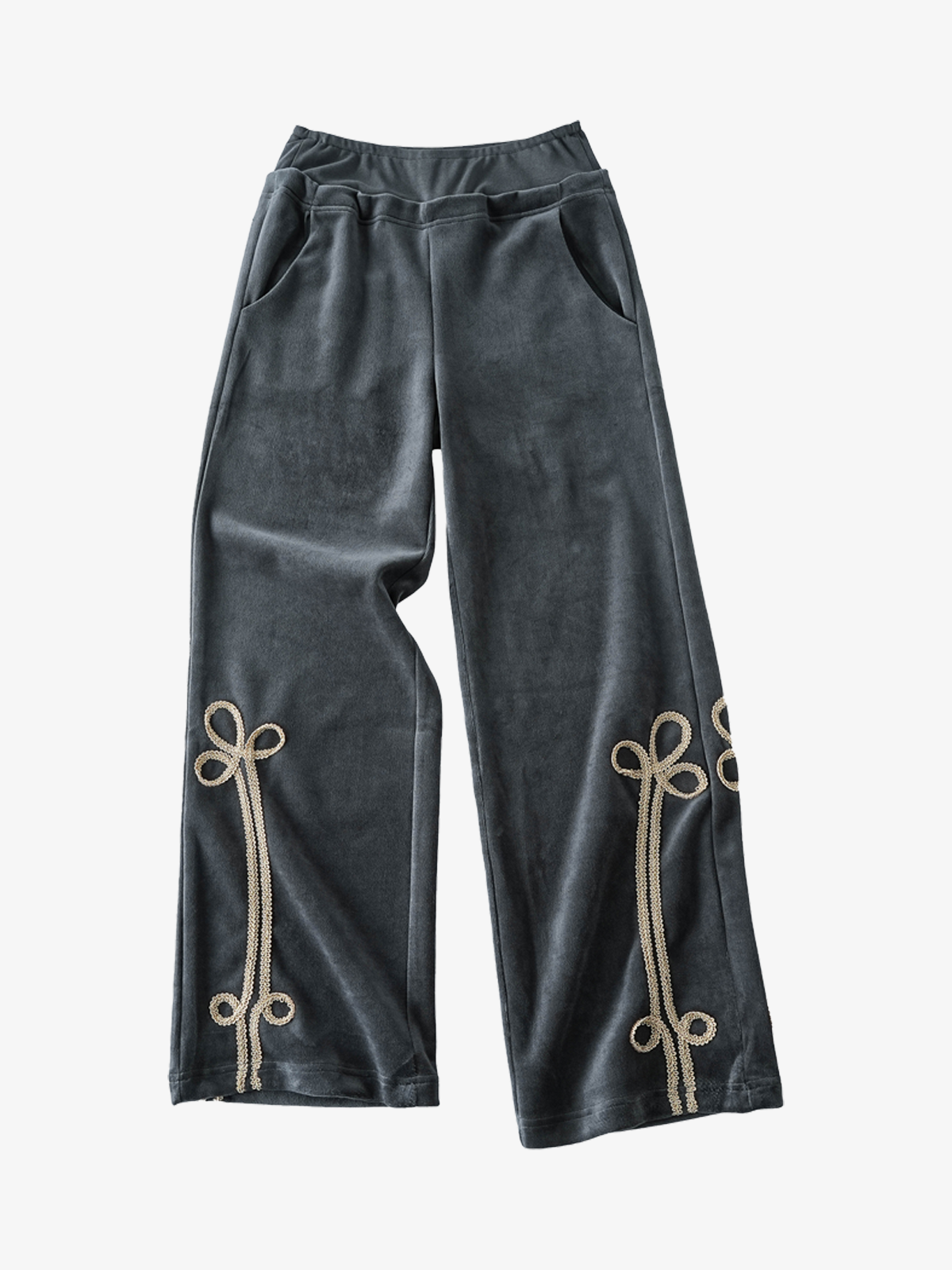 Gold Braid Embellished Plush Zip Hoodie & Wide-Leg Pants Set