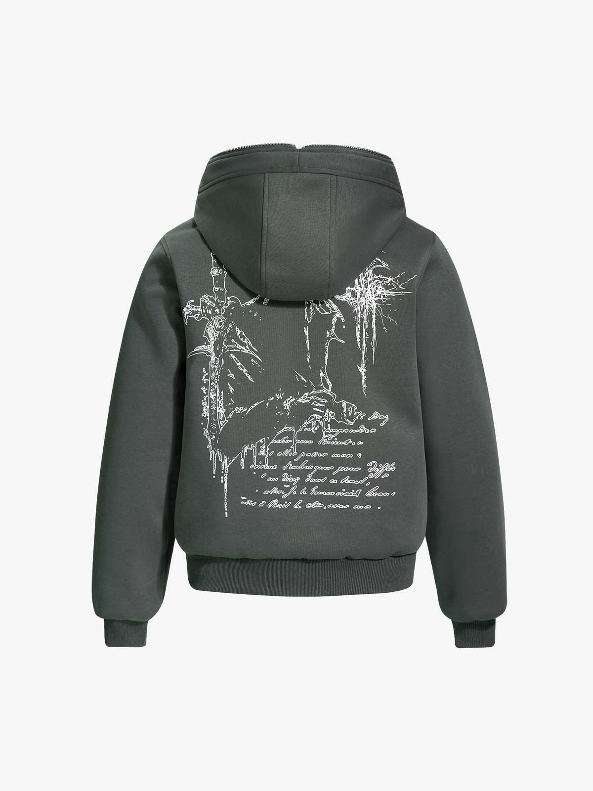Stylish Hooded Zip-Up Jacket with Unique Graphic Design 