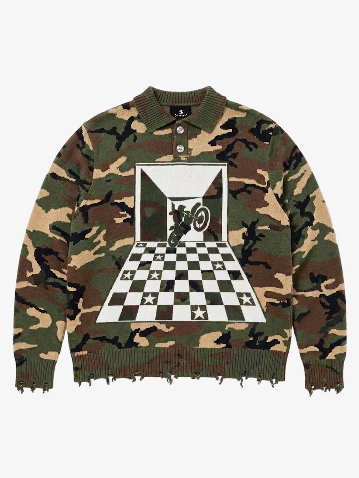 Checkered Jacquard Collar Motorcycle Knit Sweater