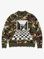 Checkered Jacquard Collar Motorcycle Knit Sweater