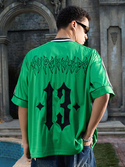 Supermade Color-Blocked V-Neck Embroidered Jersey Short-Sleeved 