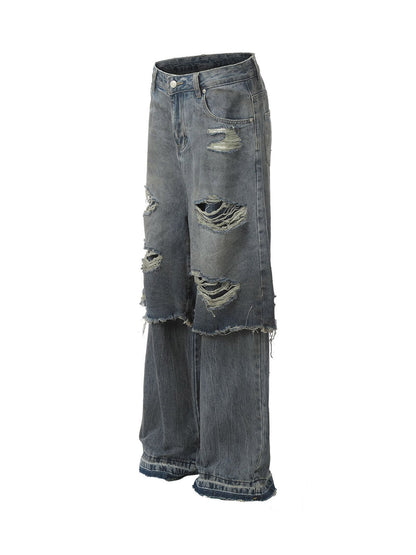 Retro Distressed Faux Two-Piece Ripped Jeans 