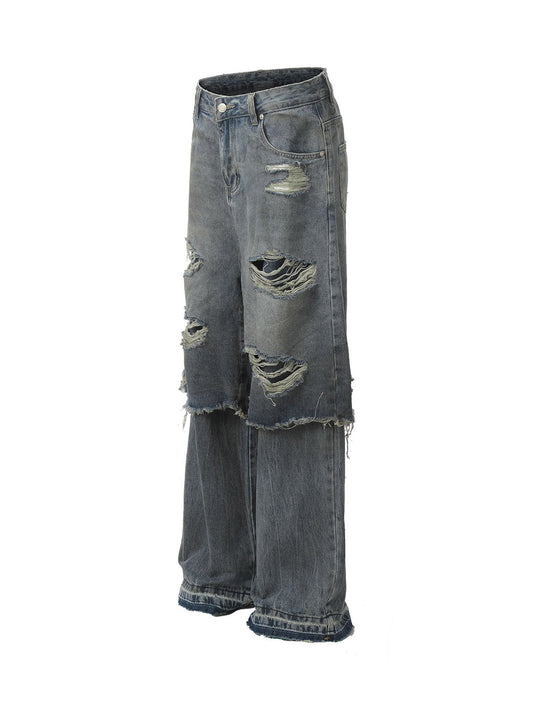 Retro Distressed Faux Two-Piece Ripped Jeans 