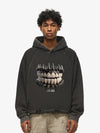Thesupermade American Retro Dark Teeth Print Distressed Cropped Hoodie 