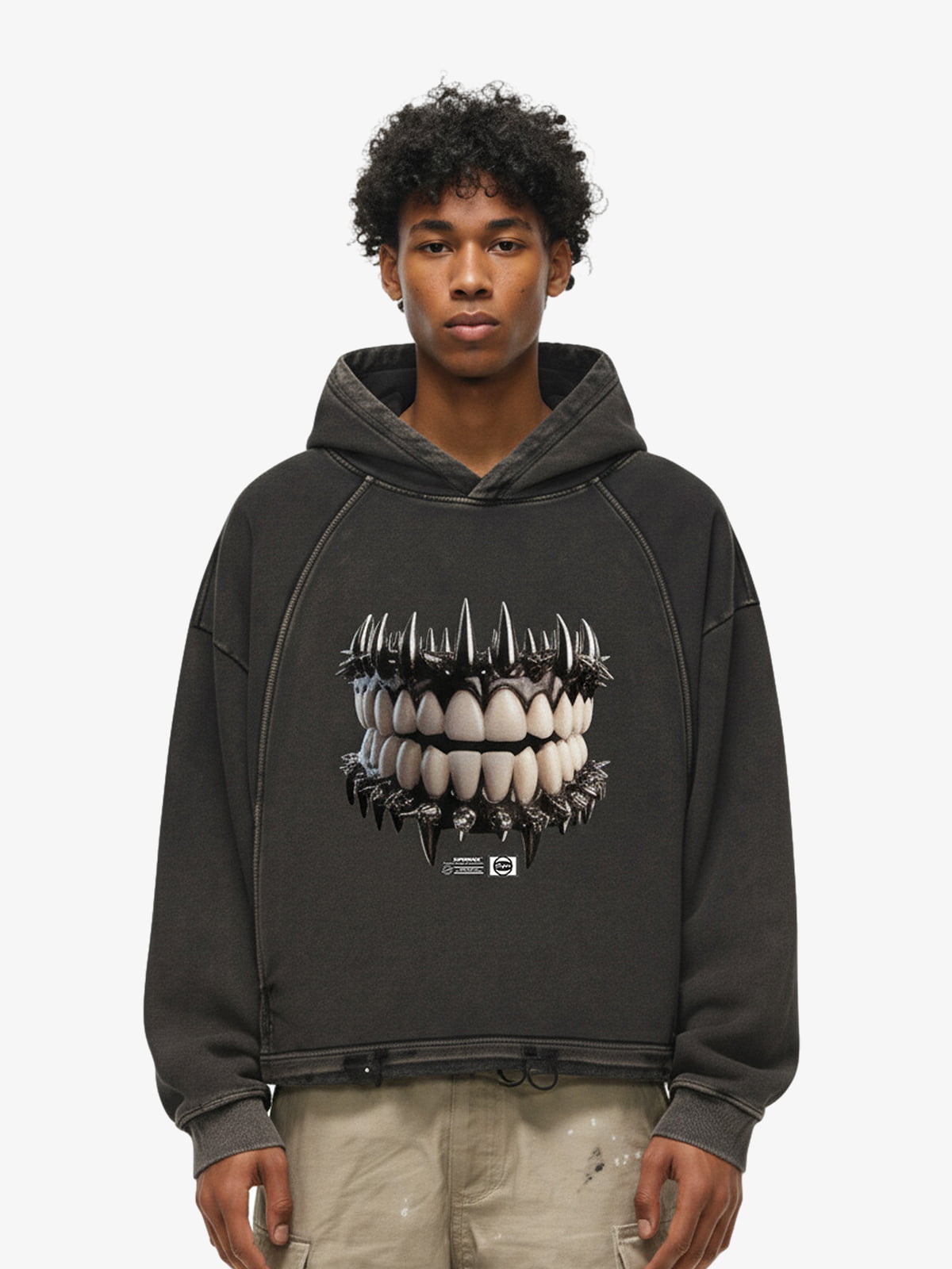 Thesupermade American Retro Dark Teeth Print Distressed Cropped Hoodie 