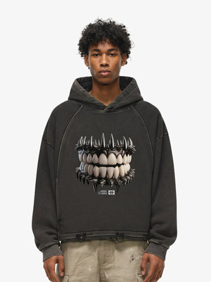Thesupermade American Retro Dark Teeth Print Distressed Cropped Hoodie 