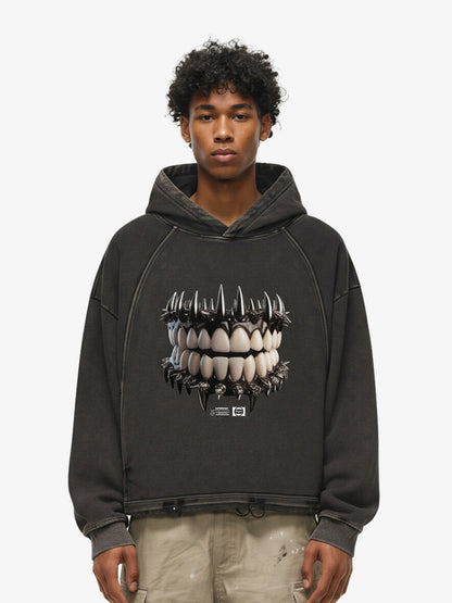 Thesupermade American Retro Dark Teeth Print Distressed Cropped Hoodie 