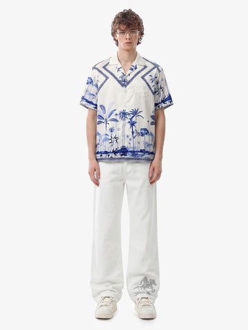 Geometric Palm Leaf Camp Collar Boxy Shirt 