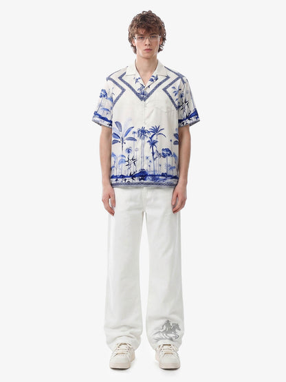 Geometric Palm Leaf Camp Collar Boxy Shirt 