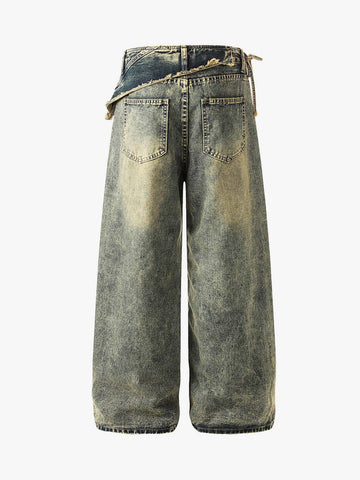 Layered Waist Tie Detail Vintage Wash Jeans 