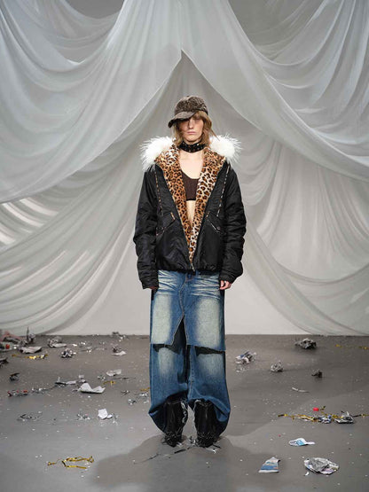 Retro Fur Collar Ruched Leopard Lining Bomber Jacket 